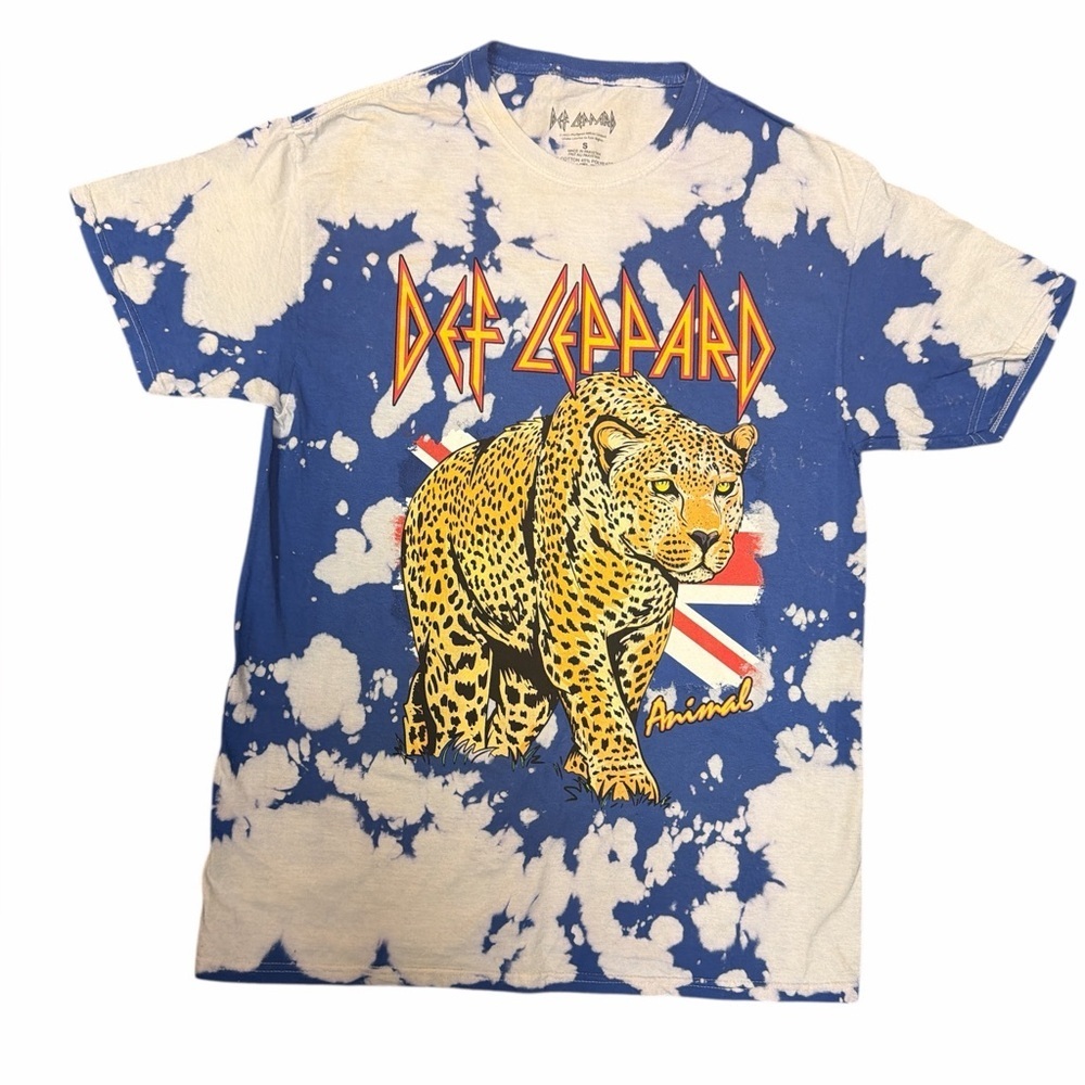 Def Leppard Blue Bleach Dye Graphic T-Shirt Size Small Animal Leopard Rock